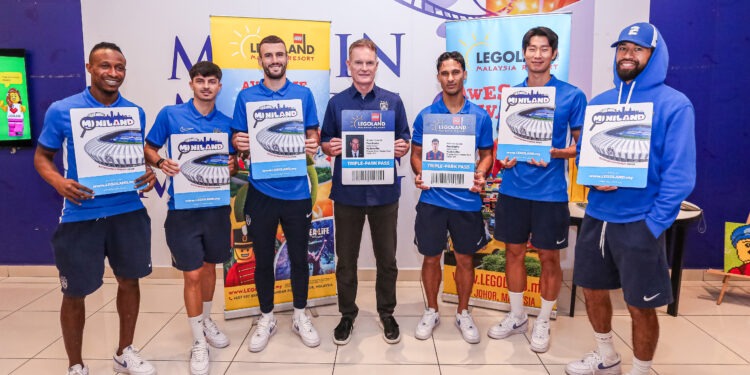 Players of Johor Darul Ta'zim F.C. showcase the special edition “Southern Tigers” LEGOLAND annual pass.